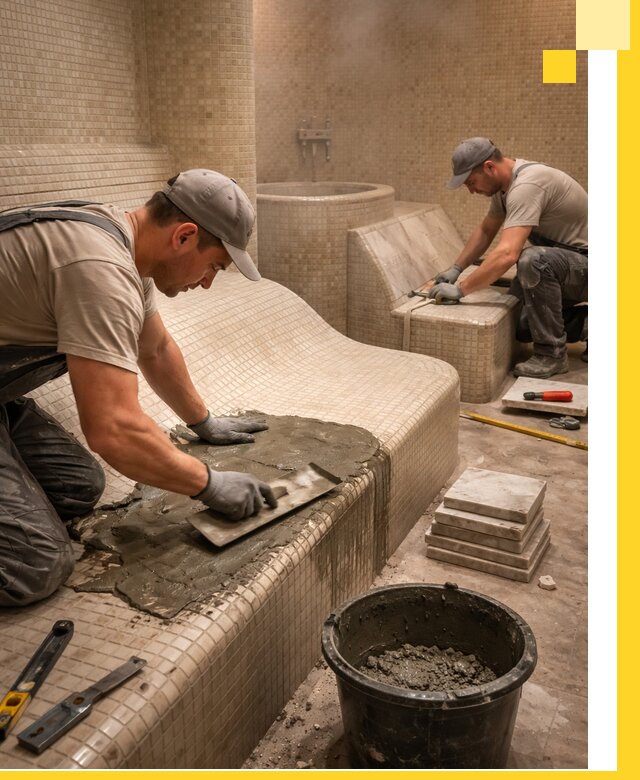 Лежаки для хамама под ключ в Великих Луке, проект и монтаж